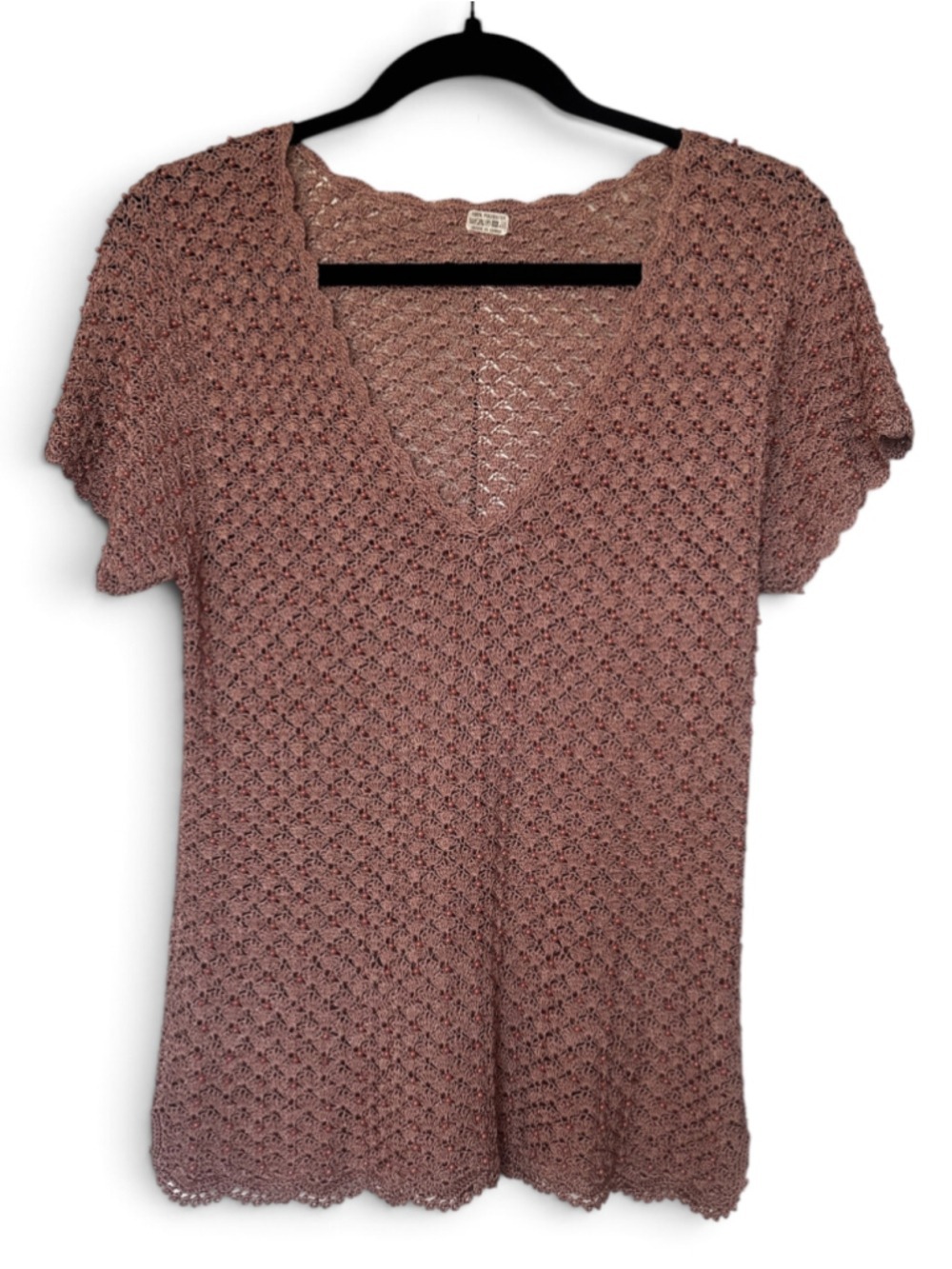 Crochet Short Sleeve Top, Size M, Brown